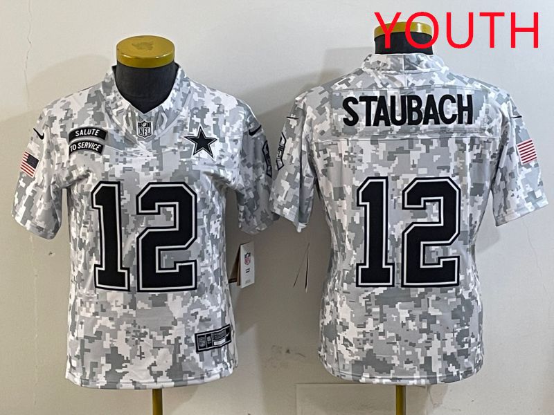 Youth Dallas Cowboys #12 Staubach Camo Nike Olive Salute To Service Limited NFL Jersey style 1->youth nfl jersey->Youth Jersey